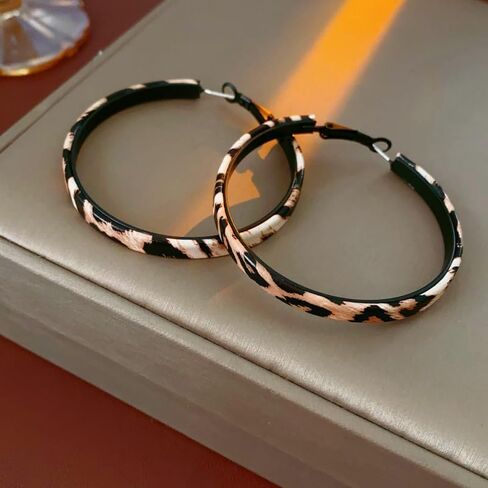 Leopard Print Earrings Large Hoop Circle Earrings for Women Vintage Animal Print Earrings Black Chunky Big Round Huggie Hoops Earrings Fashion Statement Earrings in Saudi Arabia
