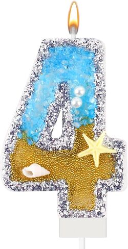 Blue Number 4 Birthday Candle Beach Starfish Number 4 Cake Candle Glitter Sequins Birthday Number Cake Topper Candle Blue Mermaid Summer Ocean Themed Birthday Wedding Decorations in Saudi Arabia