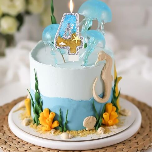 Blue Number 4 Birthday Candle Beach Starfish Number 4 Cake Candle Glitter Sequins Birthday Number Cake Topper Candle Blue Mermaid Summer Ocean Themed Birthday Wedding Decorations in Saudi Arabia
