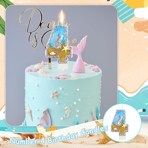Blue Number 4 Birthday Candle Beach Starfish Number 4 Cake Candle Glitter Sequins Birthday Number Cake Topper Candle Blue Mermaid Summer Ocean Themed Birthday Wedding Decorations in Saudi Arabia