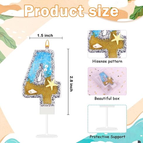 Blue Number 4 Birthday Candle Beach Starfish Number 4 Cake Candle Glitter Sequins Birthday Number Cake Topper Candle Blue Mermaid Summer Ocean Themed Birthday Wedding Decorations in Saudi Arabia