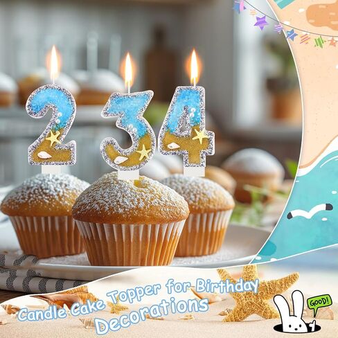 Blue Number 4 Birthday Candle Beach Starfish Number 4 Cake Candle Glitter Sequins Birthday Number Cake Topper Candle Blue Mermaid Summer Ocean Themed Birthday Wedding Decorations in Saudi Arabia