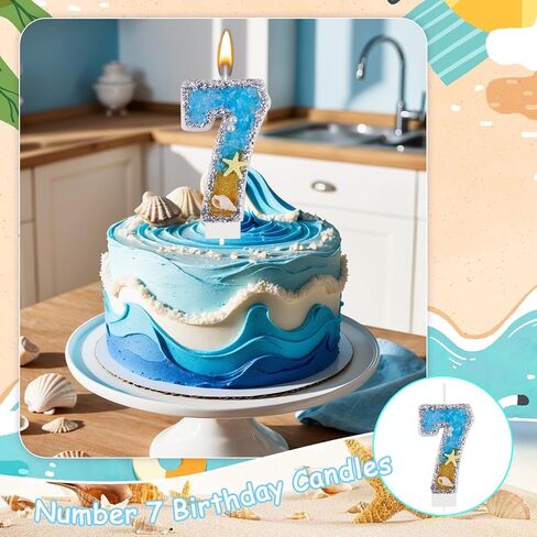 Blue Number 4 Birthday Candle Beach Starfish Number 4 Cake Candle Glitter Sequins Birthday Number Cake Topper Candle Blue Mermaid Summer Ocean Themed Birthday Wedding Decorations in Saudi Arabia