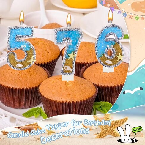 Blue Number 4 Birthday Candle Beach Starfish Number 4 Cake Candle Glitter Sequins Birthday Number Cake Topper Candle Blue Mermaid Summer Ocean Themed Birthday Wedding Decorations in Saudi Arabia