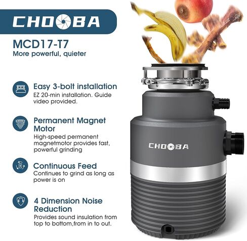 Garbage Disposal 3/4 HP, Food Waste Disposal Continuous Feed, Kitchen Garbage Disposal with Dishwasher Connection & Plug, Power Cord Included, Matte Black in Kuwait