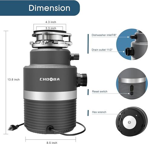 Garbage Disposal 3/4 HP, Food Waste Disposal Continuous Feed, Kitchen Garbage Disposal with Dishwasher Connection & Plug, Power Cord Included, Matte Black in Kuwait