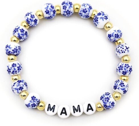 TTYY Blue White Beads Porcelain Bracelet GIGI NANA Birthday Gifts Vintage Stretch Bracelets Mother's Day for Mom and Grandma in Kuwait