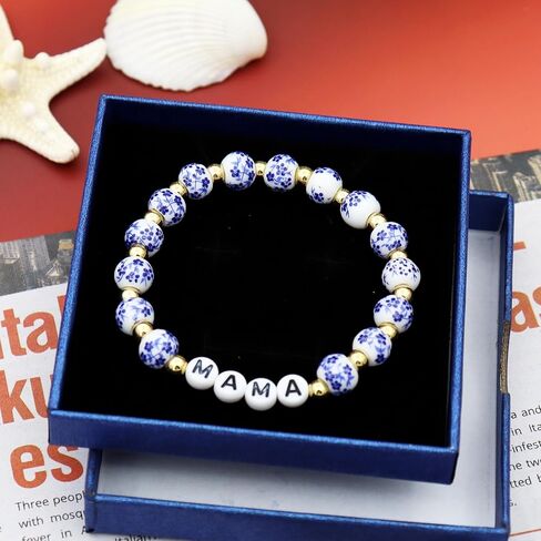 TTYY Blue White Beads Porcelain Bracelet GIGI NANA Birthday Gifts Vintage Stretch Bracelets Mother's Day for Mom and Grandma in Kuwait