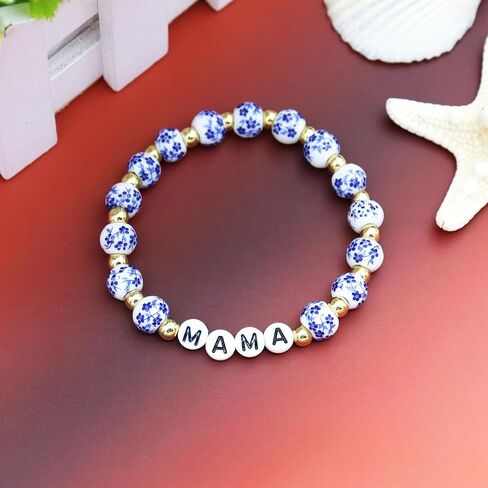 TTYY Blue White Beads Porcelain Bracelet GIGI NANA Birthday Gifts Vintage Stretch Bracelets Mother's Day for Mom and Grandma in Kuwait