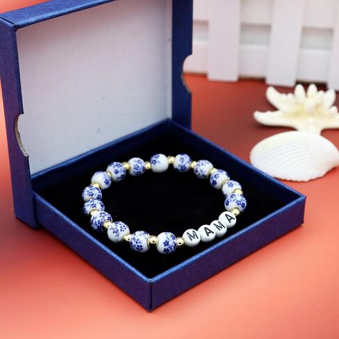 TTYY Blue White Beads Porcelain Bracelet GIGI NANA Birthday Gifts Vintage Stretch Bracelets Mother's Day for Mom and Grandma in Kuwait