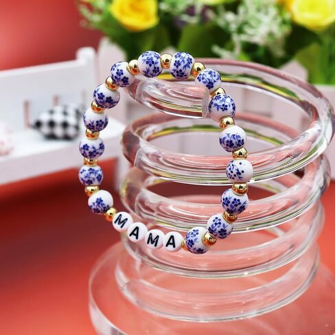 TTYY Blue White Beads Porcelain Bracelet GIGI NANA Birthday Gifts Vintage Stretch Bracelets Mother's Day for Mom and Grandma in Kuwait