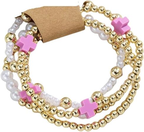 حبات Pingyongchang Gold Beads قابلة للتكديس صليب للنساء بوهو مصنوعة يدويًا لؤلؤة لؤلؤة صليب مرن مرنة السوار الصداقة الهدية المجوهرات in Kuwait