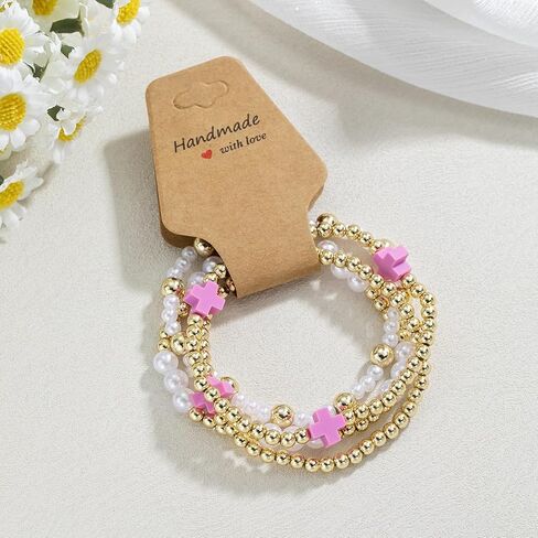 حبات Pingyongchang Gold Beads قابلة للتكديس صليب للنساء بوهو مصنوعة يدويًا لؤلؤة لؤلؤة صليب مرن مرنة السوار الصداقة الهدية المجوهرات in Kuwait