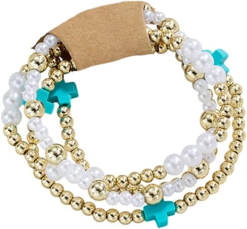 حبات Pingyongchang Gold Beads قابلة للتكديس صليب للنساء بوهو مصنوعة يدويًا لؤلؤة لؤلؤة صليب مرن مرنة السوار الصداقة الهدية المجوهرات in Kuwait