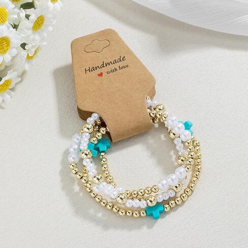 حبات Pingyongchang Gold Beads قابلة للتكديس صليب للنساء بوهو مصنوعة يدويًا لؤلؤة لؤلؤة صليب مرن مرنة السوار الصداقة الهدية المجوهرات in Kuwait
