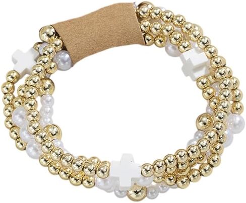 حبات Pingyongchang Gold Beads قابلة للتكديس صليب للنساء بوهو مصنوعة يدويًا لؤلؤة لؤلؤة صليب مرن مرنة السوار الصداقة الهدية المجوهرات in Kuwait