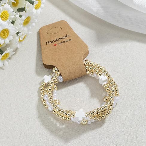 حبات Pingyongchang Gold Beads قابلة للتكديس صليب للنساء بوهو مصنوعة يدويًا لؤلؤة لؤلؤة صليب مرن مرنة السوار الصداقة الهدية المجوهرات in Kuwait