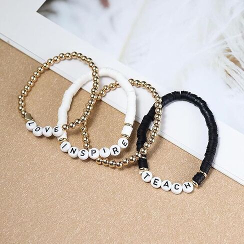 تقدير المعلم المصنوع يدويًا أساور قابلة للتكديس ملونة Solf Clay Love Love Teach Inspire Letter Beaded Heishi Surfer Bracelets Sweet Tearcher Higds for Women in Kuwait