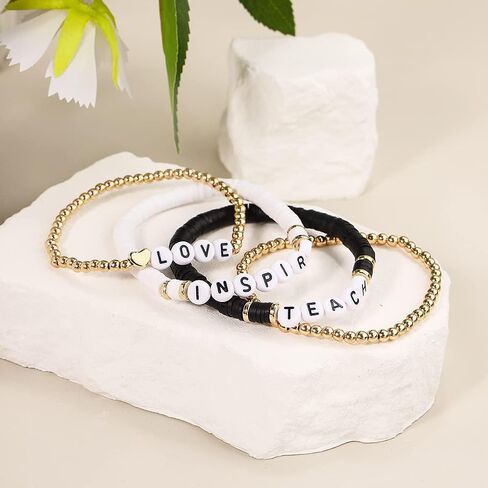 تقدير المعلم المصنوع يدويًا أساور قابلة للتكديس ملونة Solf Clay Love Love Teach Inspire Letter Beaded Heishi Surfer Bracelets Sweet Tearcher Higds for Women in Kuwait