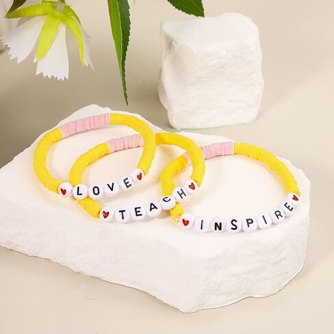 تقدير المعلم المصنوع يدويًا أساور قابلة للتكديس ملونة Solf Clay Love Love Teach Inspire Letter Beaded Heishi Surfer Bracelets Sweet Tearcher Higds for Women in Kuwait