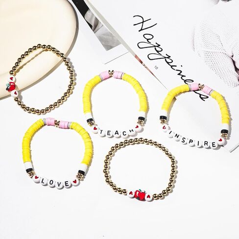 تقدير المعلم المصنوع يدويًا أساور قابلة للتكديس ملونة Solf Clay Love Love Teach Inspire Letter Beaded Heishi Surfer Bracelets Sweet Tearcher Higds for Women in Kuwait