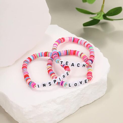 Handmade Teacher Appreciation Stackable Bracelets Colorful Solf Clay Love Teach Inspire Letter Beaded Adjustable Heishi Surfer Bracelets Sweet Teacher Gifts for Women in Saudi Arabia