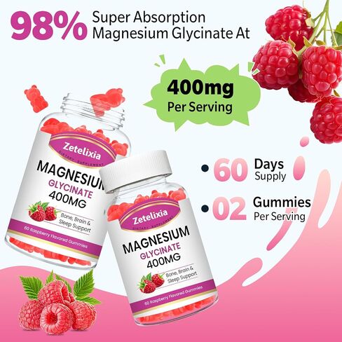 2 Pack Magnesium Glycinate Gummies, High Absorption Magnesium Glycinate Supplements for Relaxation, Sugar Free Chews for Adults & Kids, Relax Mood, Raspberry Flavor, 120 Count in Kuwait