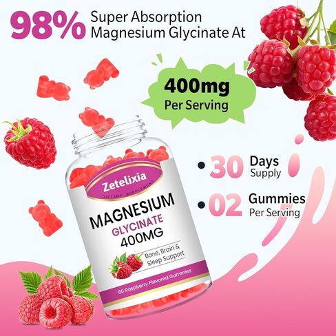 2 Pack Magnesium Glycinate Gummies, High Absorption Magnesium Glycinate Supplements for Relaxation, Sugar Free Chews for Adults & Kids, Relax Mood, Raspberry Flavor, 120 Count in Kuwait