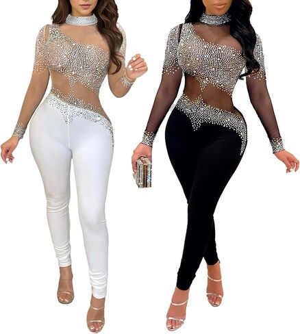 نساء مثير مزيج من راينستون bodycon شبكة البذلة انظر من خلال الترقيع عيد ميلاد حفلة ليلة النادي in Kuwait