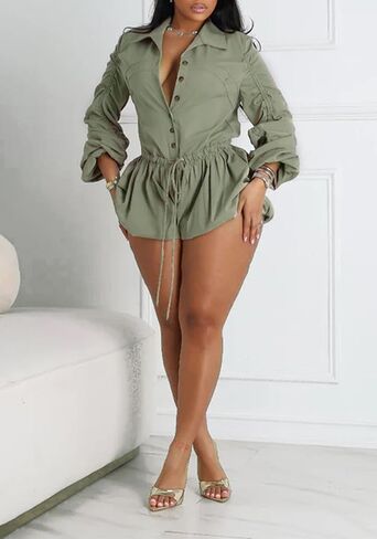 LETSVDO Women's Bubble Cargo Short Romper Long Sleeve Button Up Ruffle A Line Drawstring Ruched Casual Jumpsuit Overalls in Kuwait