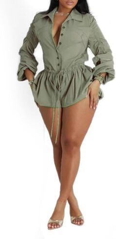 LETSVDO Women's Bubble Cargo Short Romper Long Sleeve Button Up Ruffle A Line Drawstring Ruched Casual Jumpsuit Overalls in Kuwait