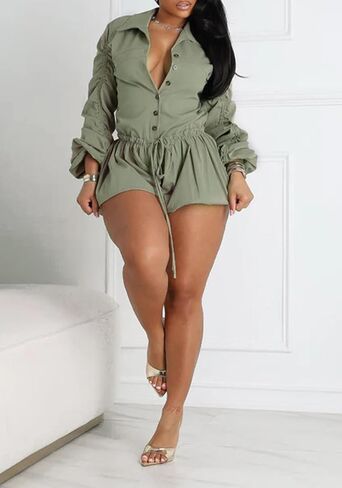 LETSVDO Women's Bubble Cargo Short Romper Long Sleeve Button Up Ruffle A Line Drawstring Ruched Casual Jumpsuit Overalls in Kuwait