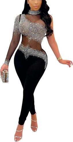 نساء مثير مزيج من راينستون bodycon شبكة البذلة انظر من خلال الترقيع عيد ميلاد حفلة ليلة النادي in Kuwait