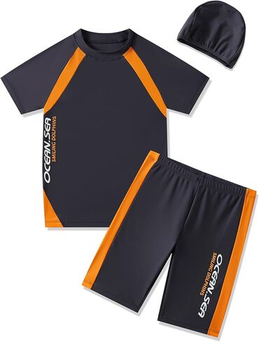 طقم ملابس سباحة للأولاد UPF50+UV مكون من قطعتين للحماية من الطفح الجلدي مع قبعة للأطفال من عمر 4 إلى 14 عامًا in Kuwait