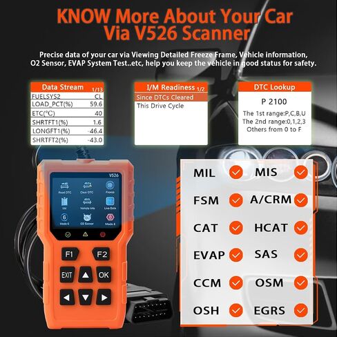 V526 OBD2 Scanner Diagnostic Tool, Check Erase Engine Light Fault Code Scanner Tool, DTC, Data Stream, I/M Readiness, Car & Truck Scan Tool for All Vehicles Since 1996 in Kuwait