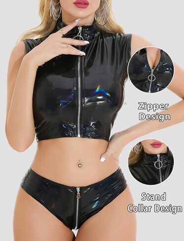 Sexy Clubwear PU Leather Women's Set Sleveless High Neck Top with Zipper for Nightclub XS-L in Saudi Arabia