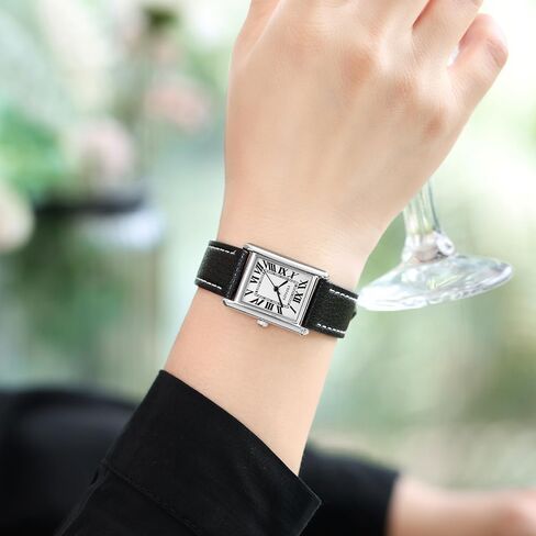 Rectangular Watch for Women with Vintage Roman Number and Leather Strap in Saudi Arabia