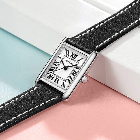 Rectangular Watch for Women with Vintage Roman Number and Leather Strap in Saudi Arabia