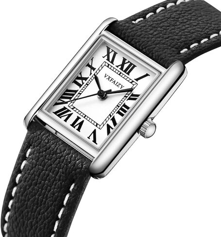 Rectangular Watch for Women with Vintage Roman Number and Leather Strap in Saudi Arabia