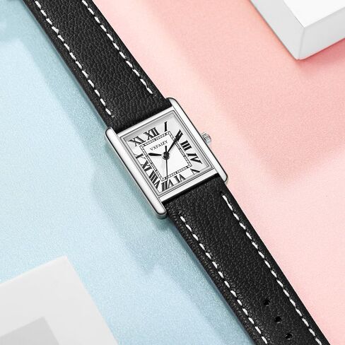 Rectangular Watch for Women with Vintage Roman Number and Leather Strap in Saudi Arabia
