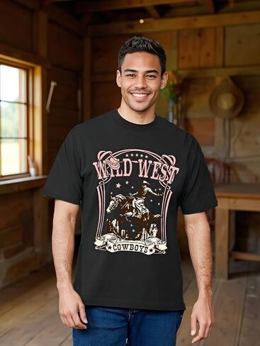 Western Shirts for Men Cowboys Letter Print T Shirt Vintage Rodeo Graphic Tee Summer Short Sleeve Tee Top in Saudi Arabia
