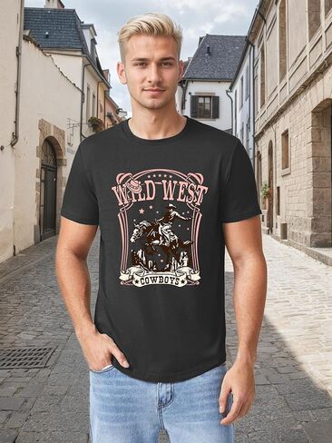 Western Shirts for Men Cowboys Letter Print T Shirt Vintage Rodeo Graphic Tee Summer Short Sleeve Tee Top in Saudi Arabia
