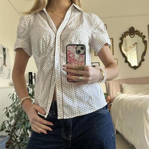 Women Y2k Slim Button Down Shirt Short Sleeve Open Front Cardigan Crop Top 90s Vintage Coquette Blouse Streetwear in Saudi Arabia