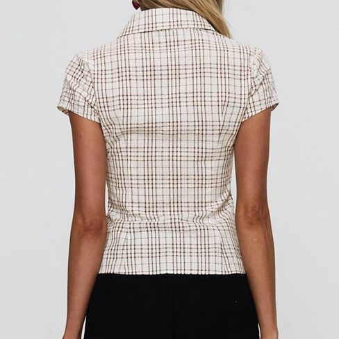Women Y2k Slim Button Down Shirt Short Sleeve Open Front Cardigan Crop Top 90s Vintage Coquette Blouse Streetwear in Saudi Arabia