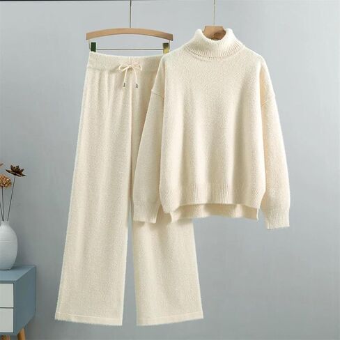 Women Cashmere Two Pcs Sweater Set Loose Knitted Jumper+ Pant Tracksuit Warm Suit in Saudi Arabia