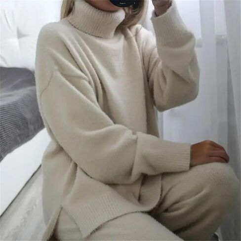 Women Cashmere Two Pcs Sweater Set Loose Knitted Jumper+ Pant Tracksuit Warm Suit in Saudi Arabia