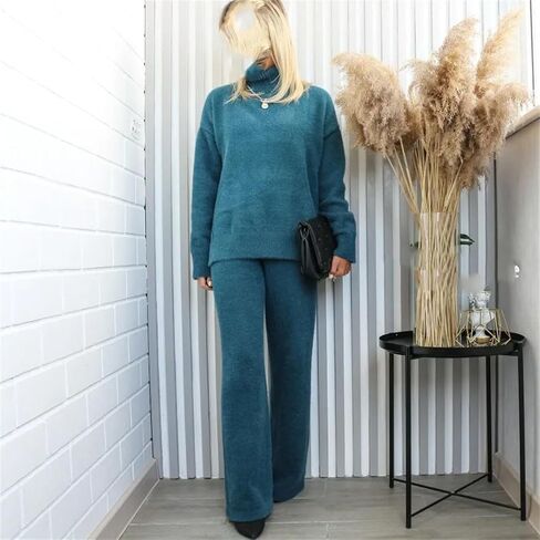 Women Cashmere Two Pcs Sweater Set Loose Knitted Jumper+ Pant Tracksuit Warm Suit in Saudi Arabia