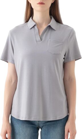 Women's V-Neck Ruffle Design Polo Shirts Short Sleeve Collared Loose Casual Tunic Blouses with Pocket in Saudi Arabia