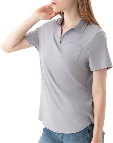 Women's V-Neck Ruffle Design Polo Shirts Short Sleeve Collared Loose Casual Tunic Blouses with Pocket in Saudi Arabia