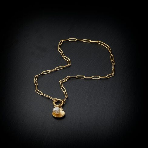18k Gold Plated Stainless Steel Chain Link Seashell Necklace with Pearl, 18 Inch in Saudi Arabia